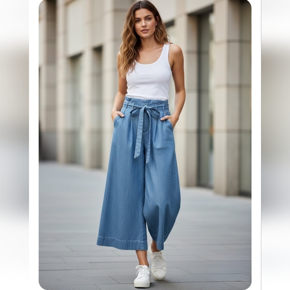 Active USA Blue Denim Paperbag Wide Leg Pants
